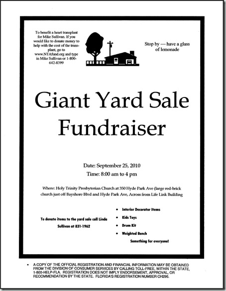 Giant Yard Sale Fundraiser to Benefit Mike Sullivan aka DJ Ritz @ Holy Trinity Presbyterian Church
