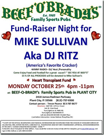 Fund-Raiser Night for Mike Sullivan @ Beef-O-Brady's Plant City - Monday, October 25th, 2010